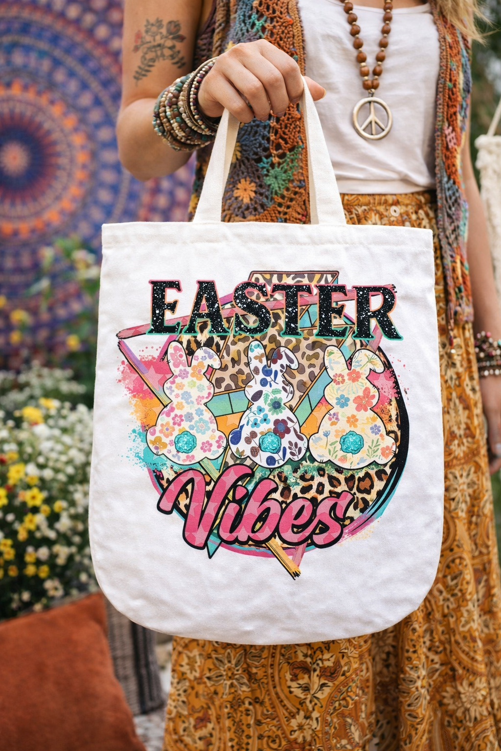 Easter Vibes Tote Bag | Cute Bunny Floral Tote | Spring Market Bag | Boho Easter Gift | Canvas Tote