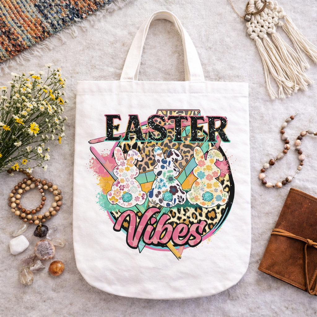 Easter Vibes Tote Bag | Cute Bunny Floral Tote | Spring Market Bag | Boho Easter Gift | Canvas Tote