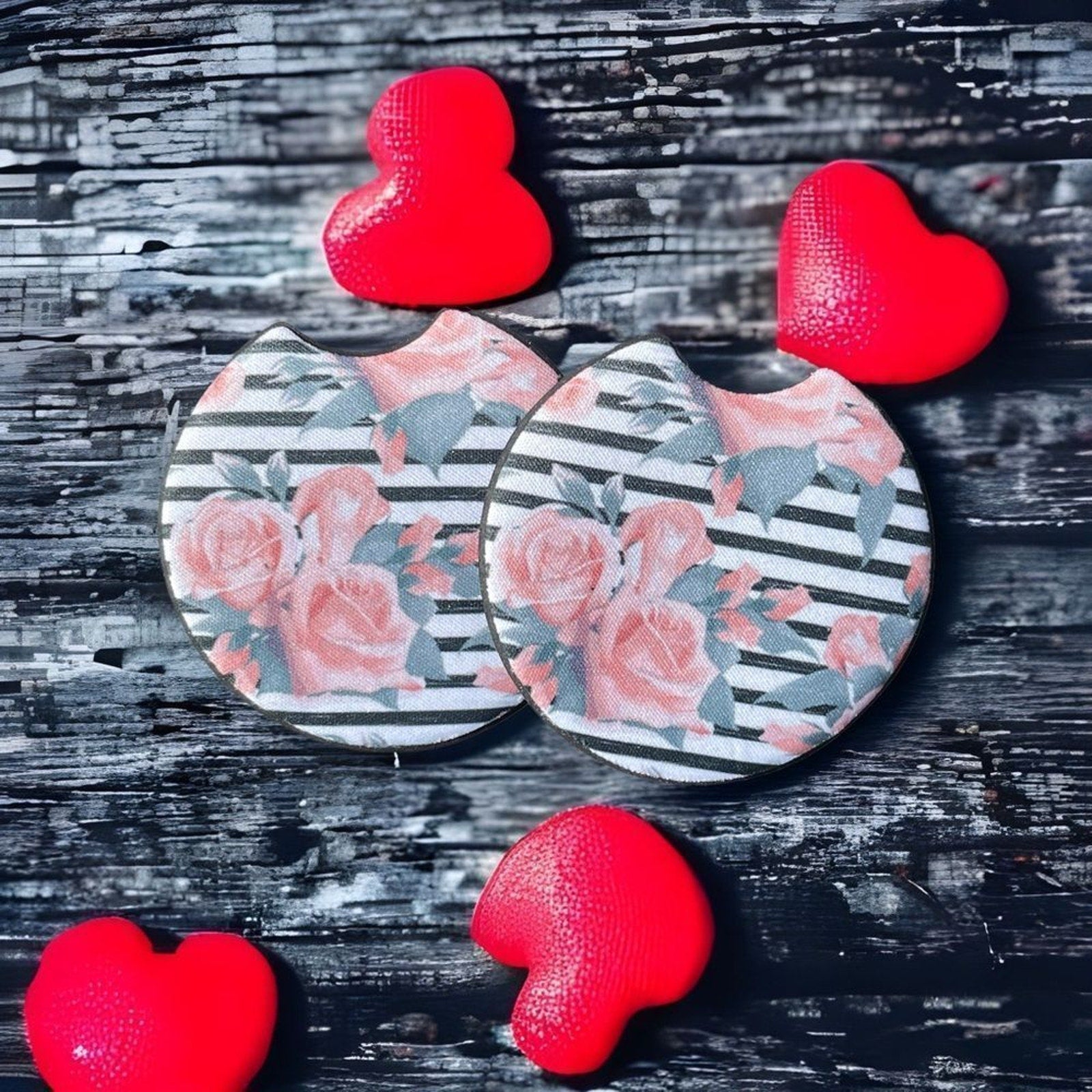 Striped Roses Car Coaster Set