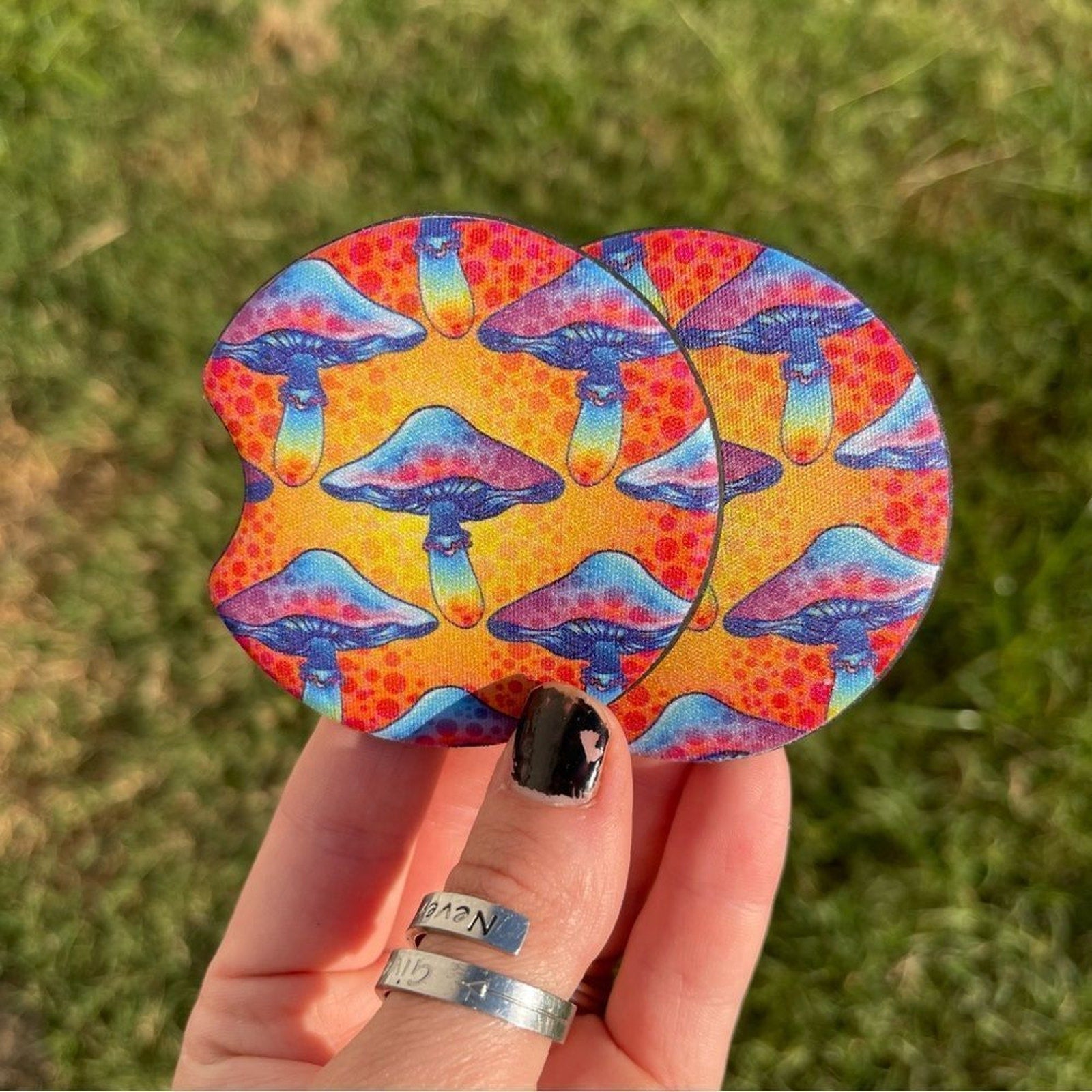 Boho Mushroom Car Coasters | Neoprene Cup Holder Coasters | Colorful Psychedelic Car Accessories | Set of 2 | Fits Standard Cup Holders