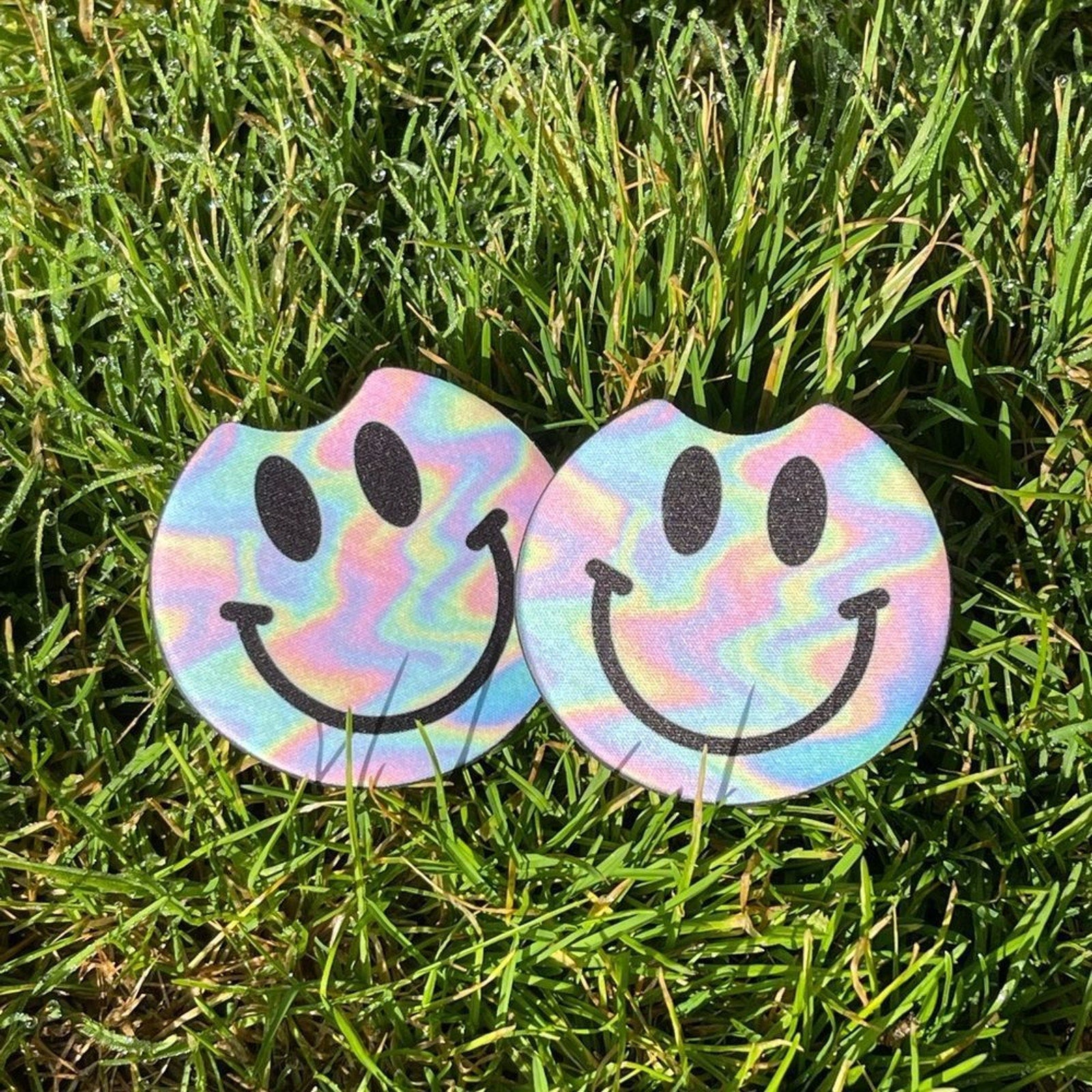 Rainbow Holographic Smiley Face Car Coaster Set | Car Access