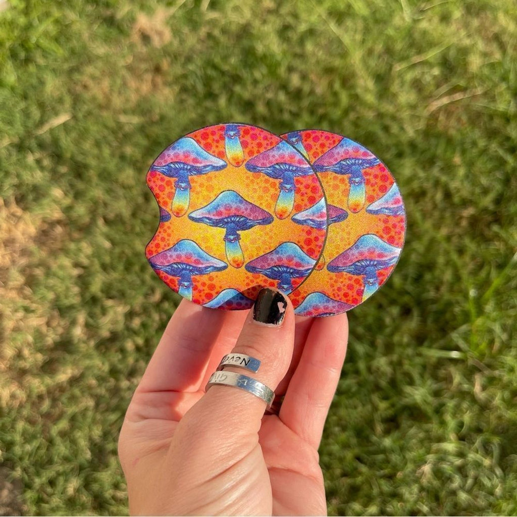 Boho Mushroom Car Coasters | Neoprene Cup Holder Coasters | Colorful Psychedelic Car Accessories | Set of 2 | Fits Standard Cup Holders