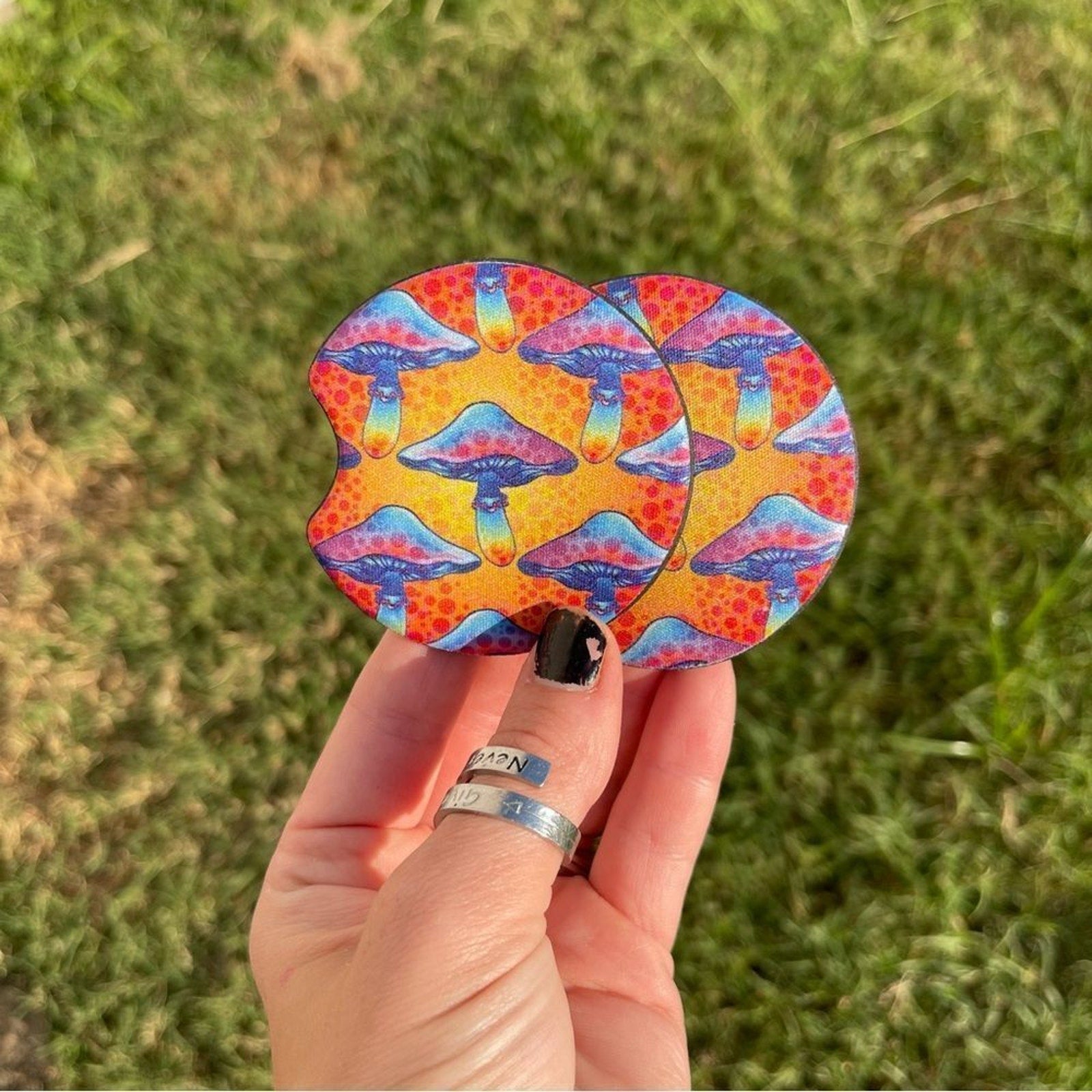 Boho Mushroom Car Coasters | Neoprene Cup Holder Coasters | Colorful Psychedelic Car Accessories | Set of 2 | Fits Standard Cup Holders