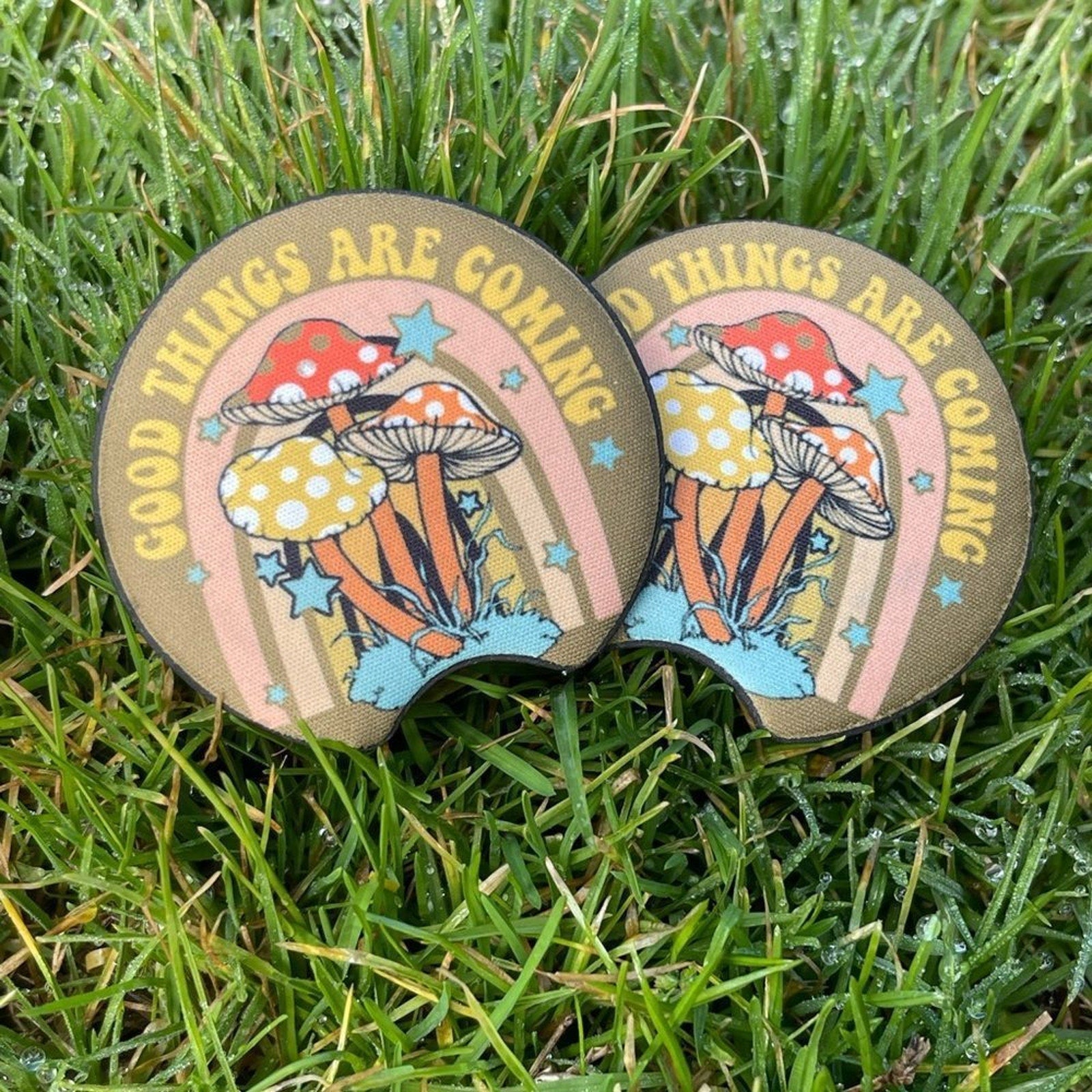 Good Things Are Coming Mushroom Car Coaster Set | Car Accessories