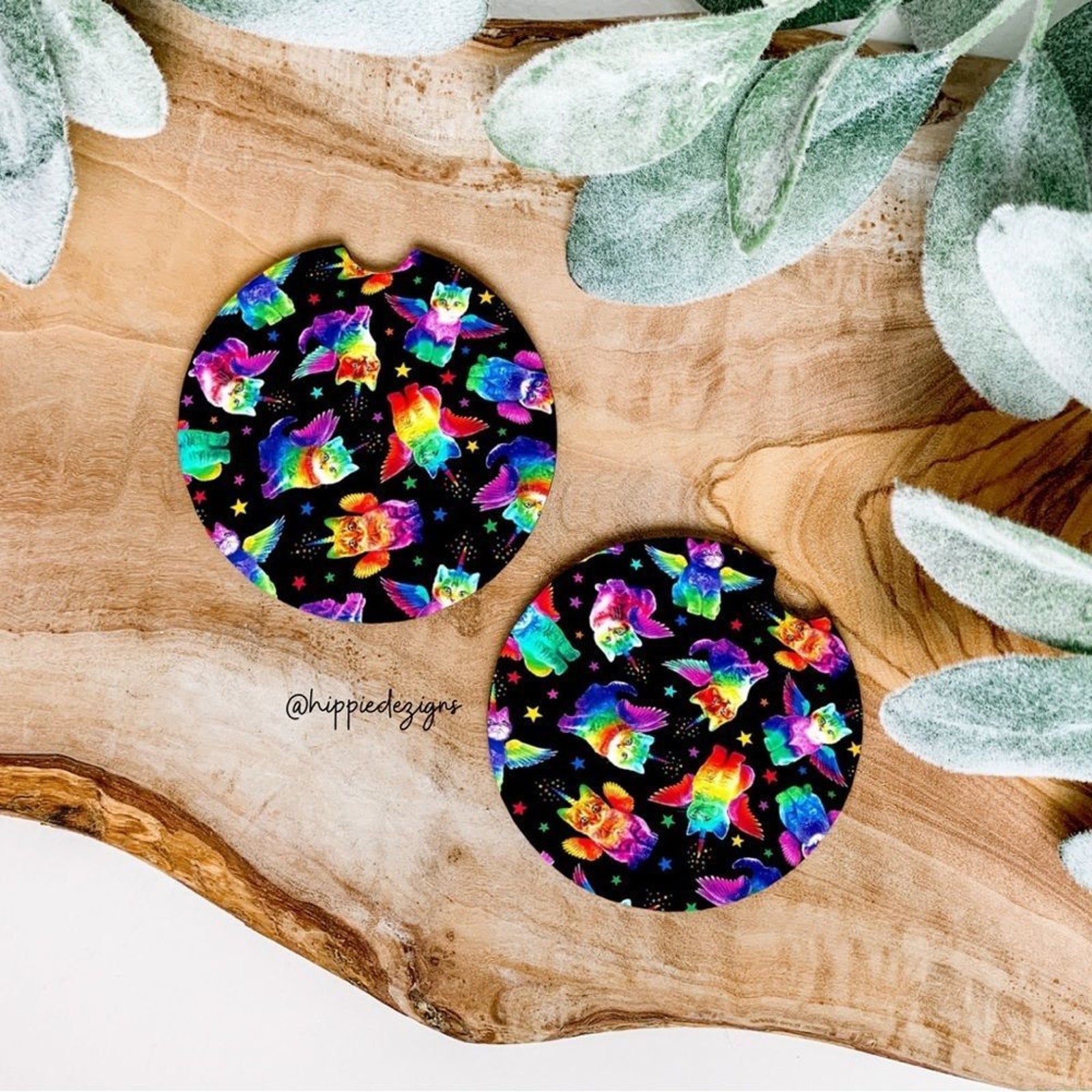 Unicorn Kitty Car Coaster Set |  Tie Dye Cat Coaster Set | Rainbow Cat Decor