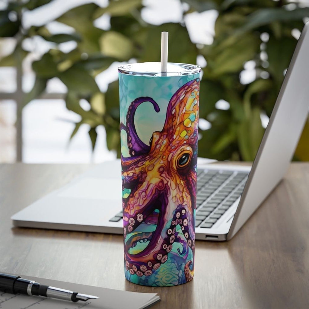 Colorful Octopus 20oz Straight Tumbler- Ocean Art Stainless Steel Cup with Metal Straw