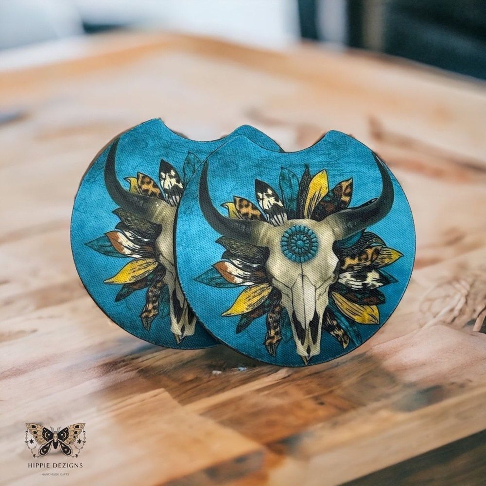 Turquoise Rams Head Car Coaster Set
