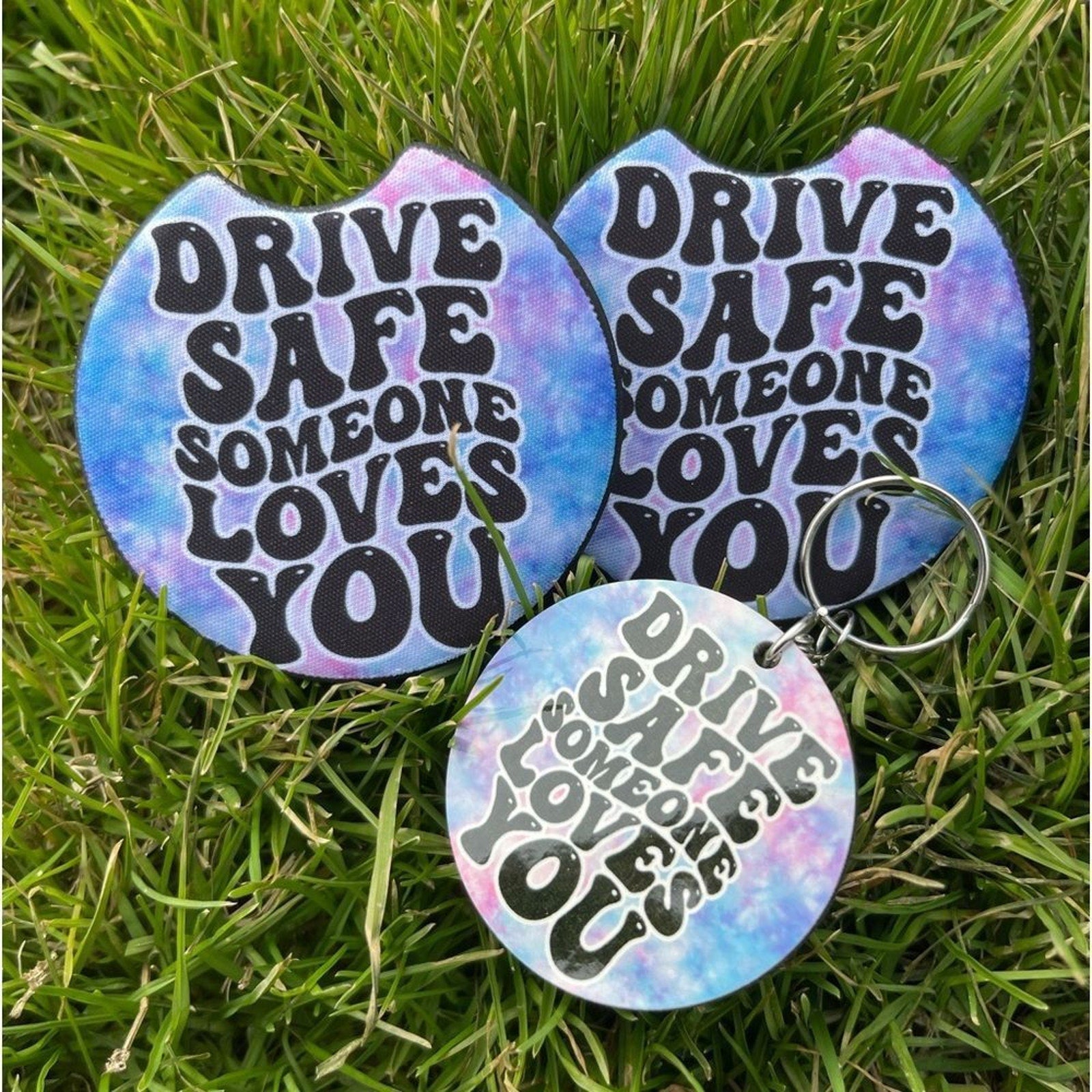 Tie Dye Drive Safe Car Coaster & Keychain Set | Tie Dye Car Accessories