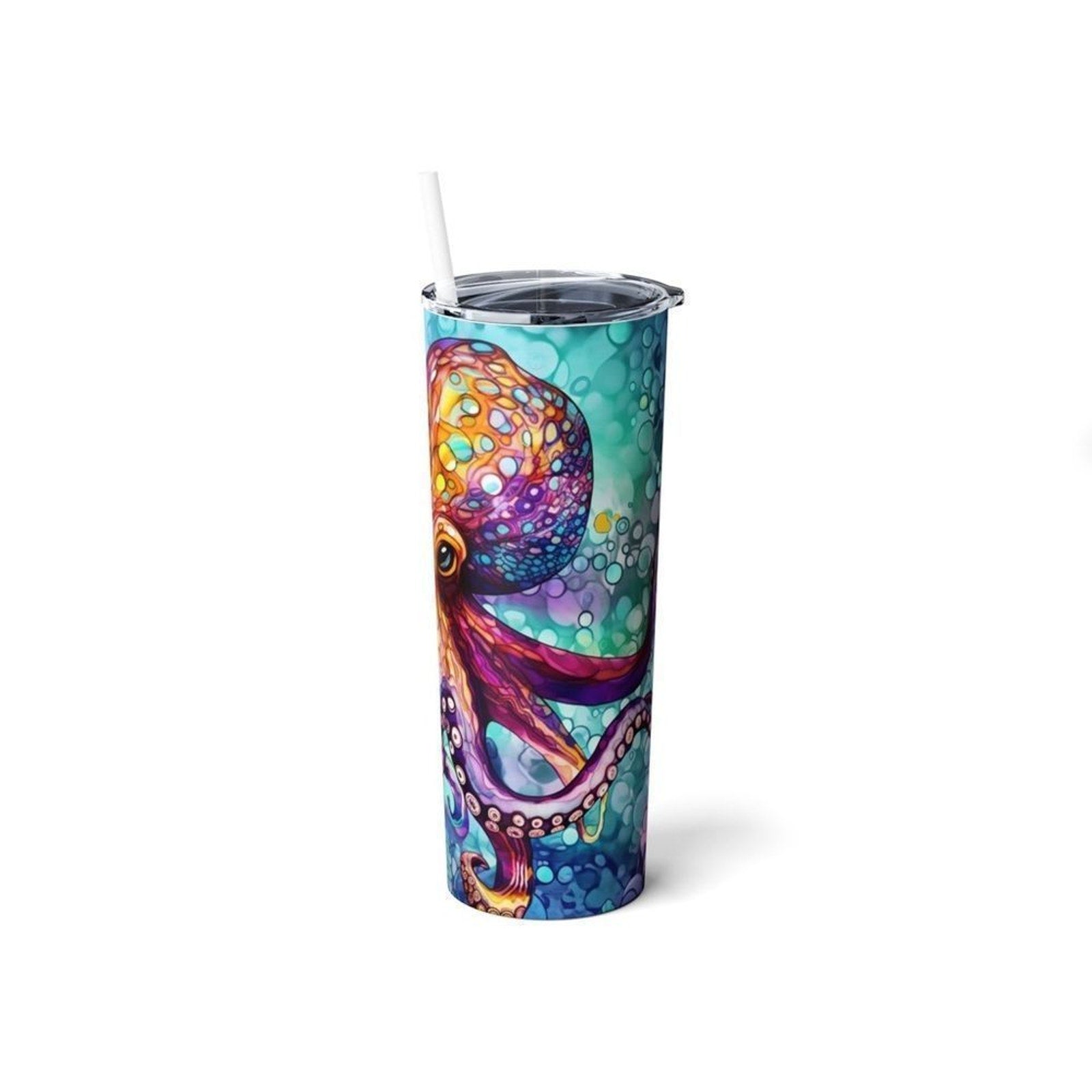 Colorful Octopus 20oz Straight Tumbler- Ocean Art Stainless Steel Cup with Metal Straw