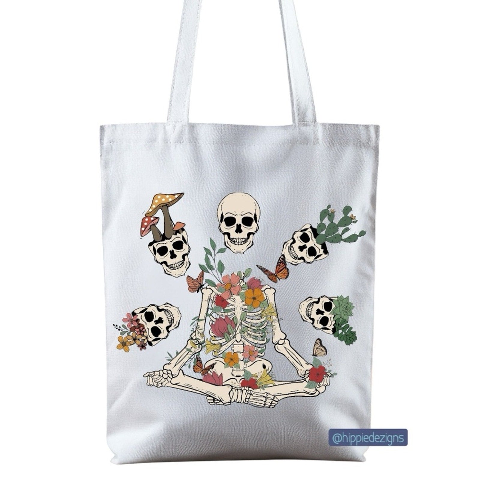 White Tote Bag with Floral Skull Design