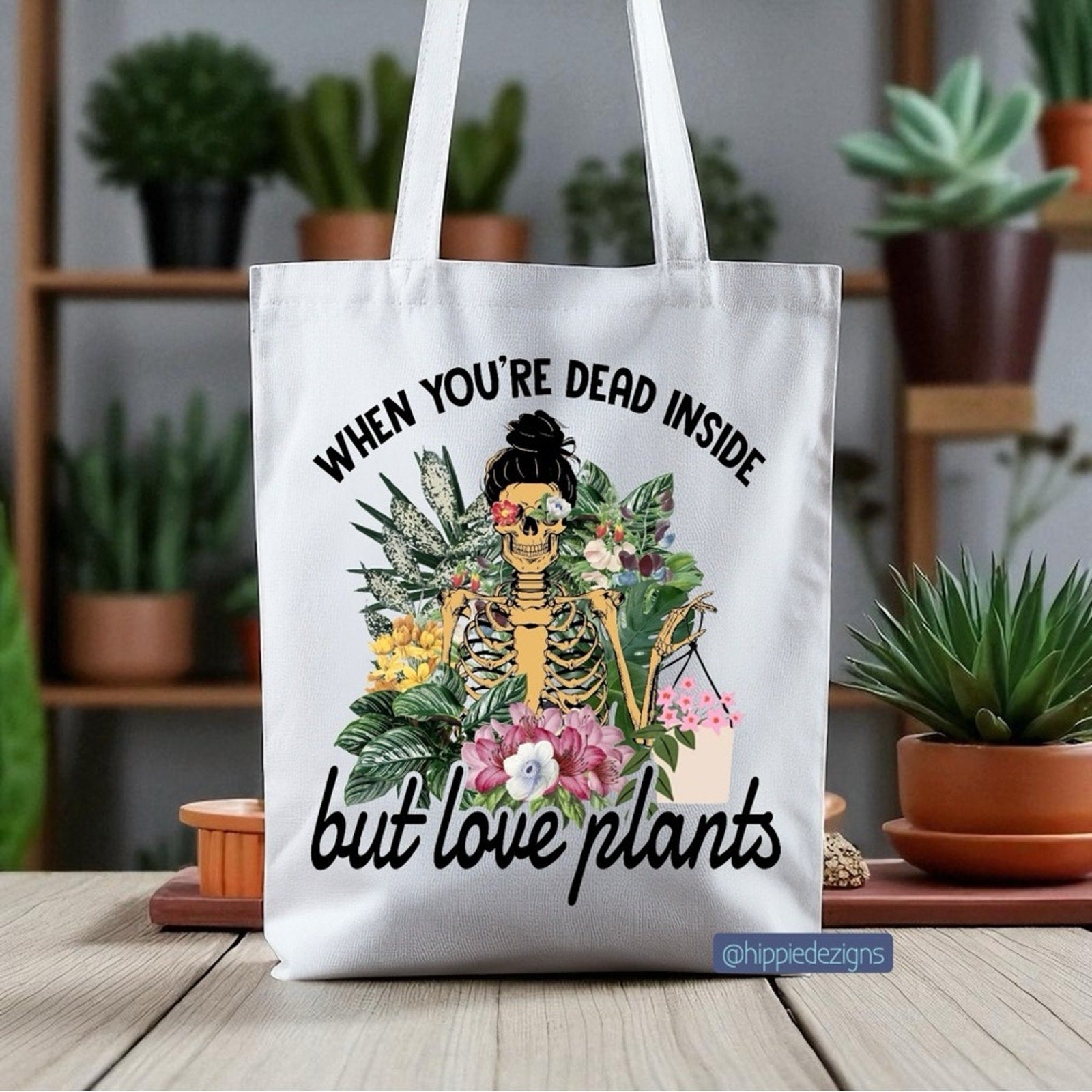 White Tote Bag with Plant and Skeleton Design