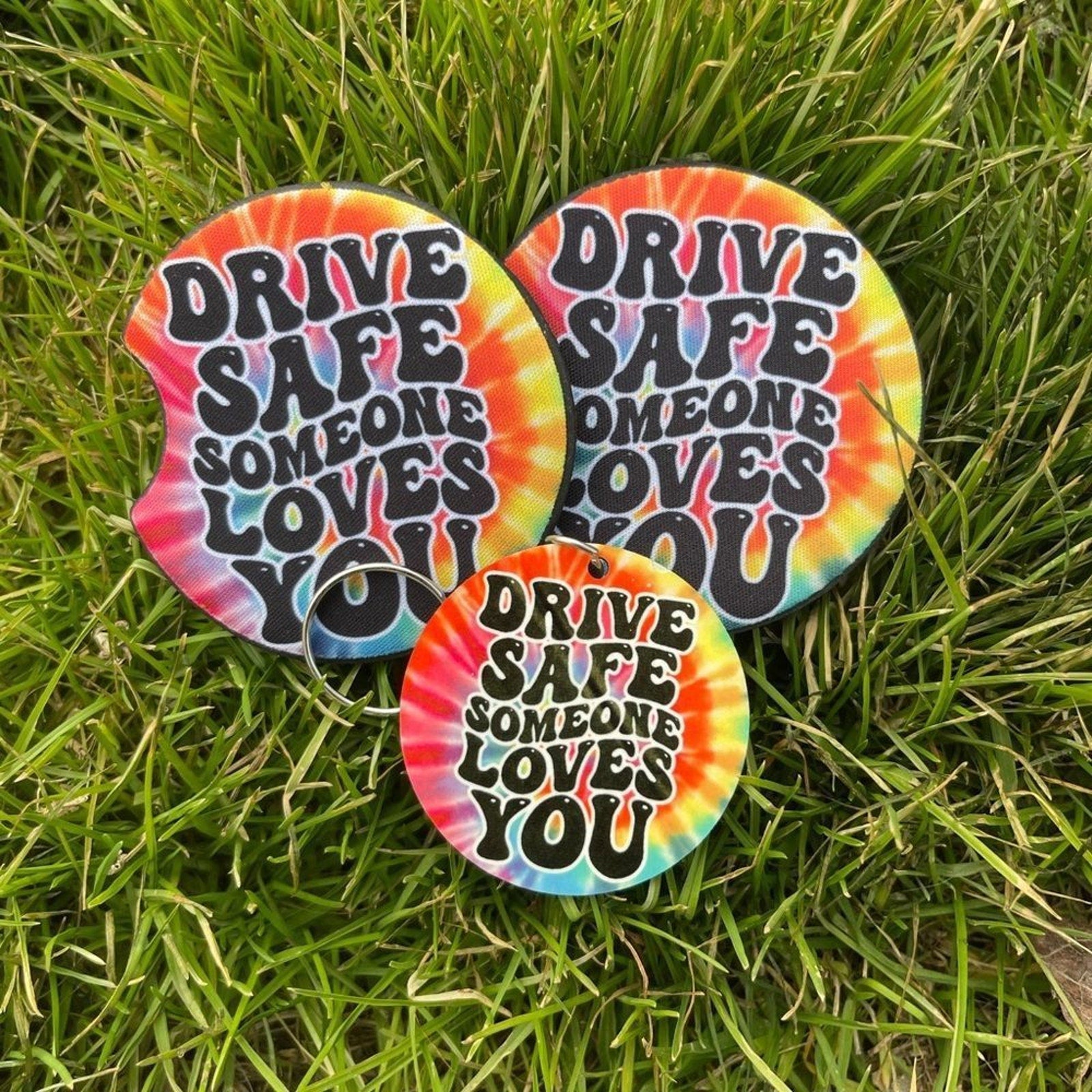 Tie Dye Drive Safe Car Coaster & Keychain Set | Car Accessories | Car Decor