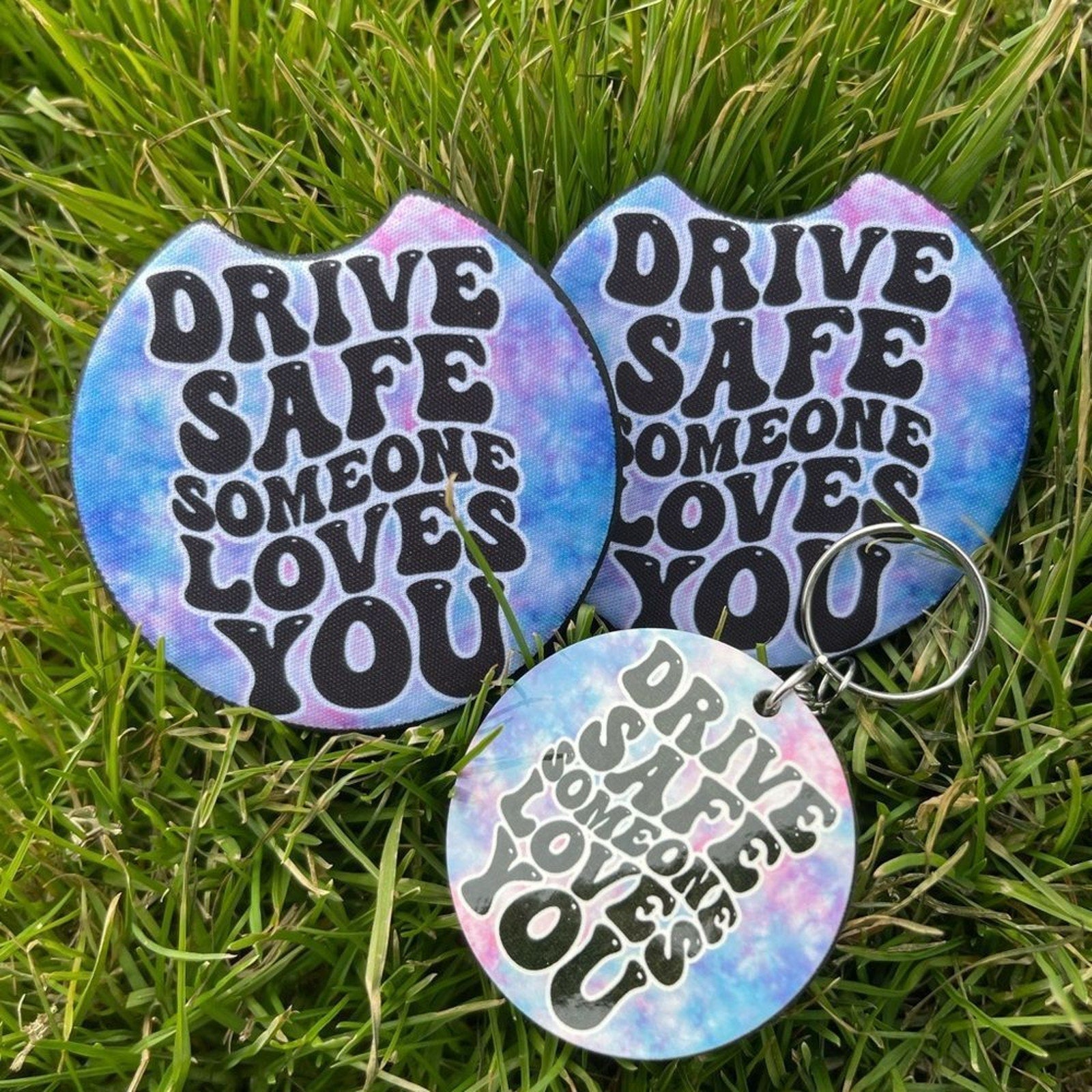 Tie Dye Drive Safe Car Coaster & Keychain Set | Tie Dye Car Accessories