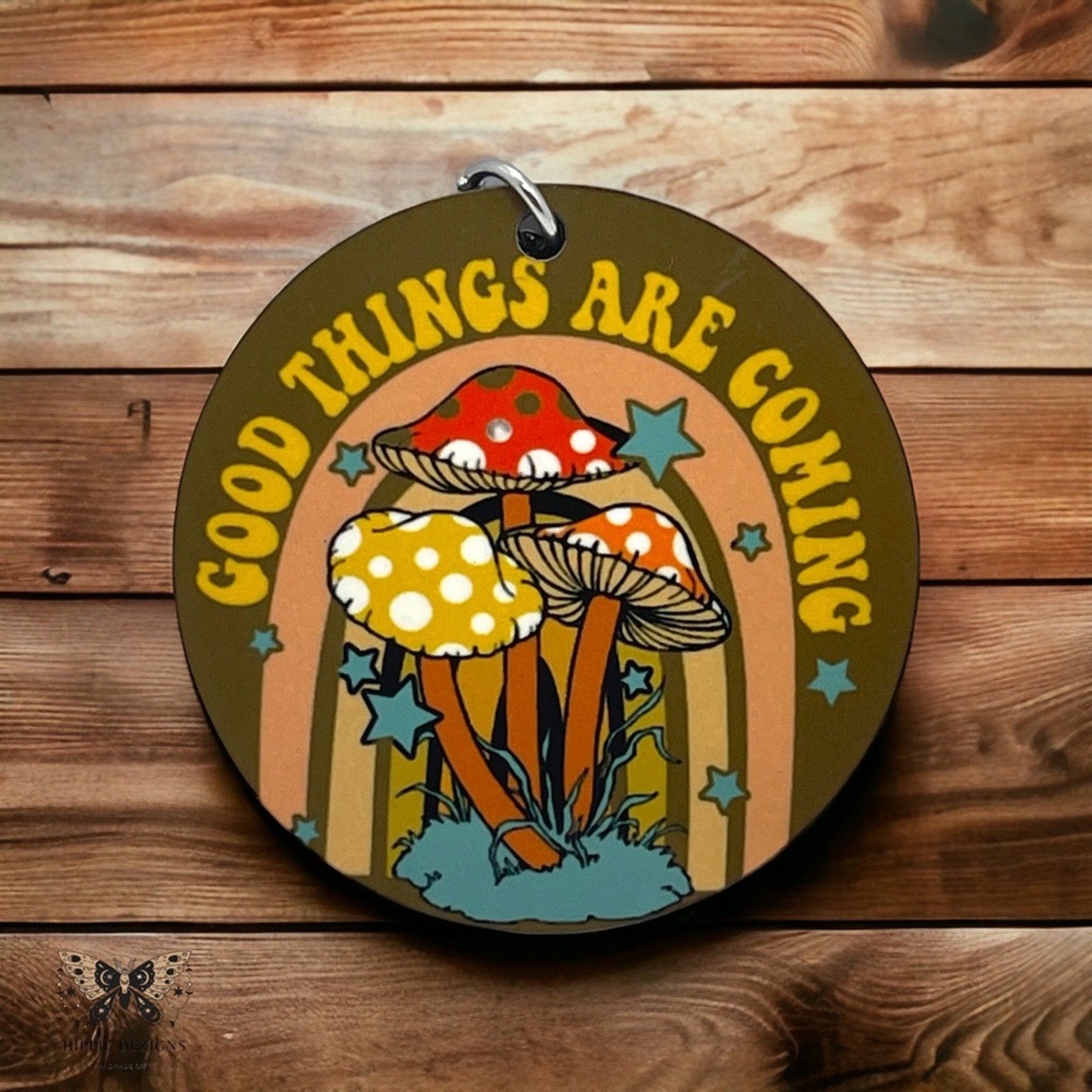 Good Things Are Coming Mushroom Wooden Keychain