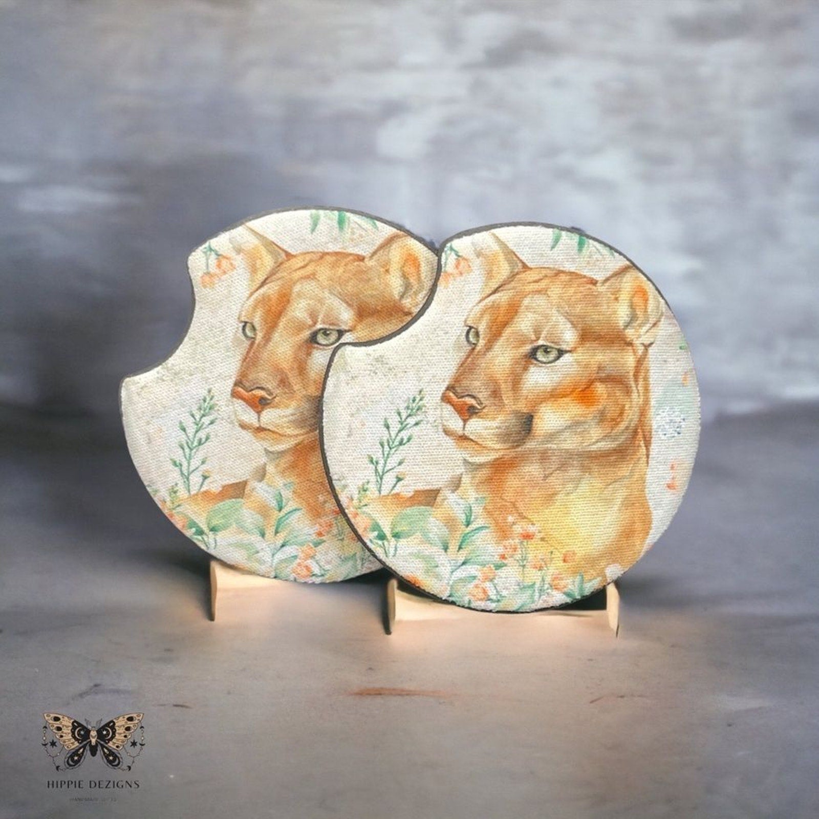 Floral Mountain Lion Car Coaster 2 Pack