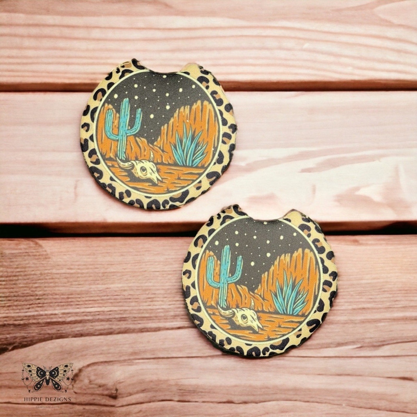 Boho Desert Car Coasters – Leopard Print Neoprene Cup Holder Coasters | Western Cactus Skull Design | Absorbent Car Accessories Set