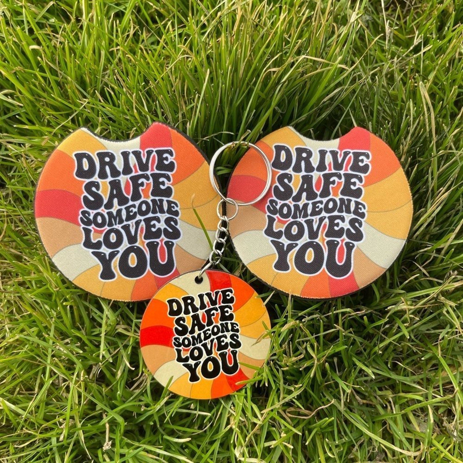 Boho Drive Safe Car Coaster & Keychain Set | Car Accessories | Car Decor