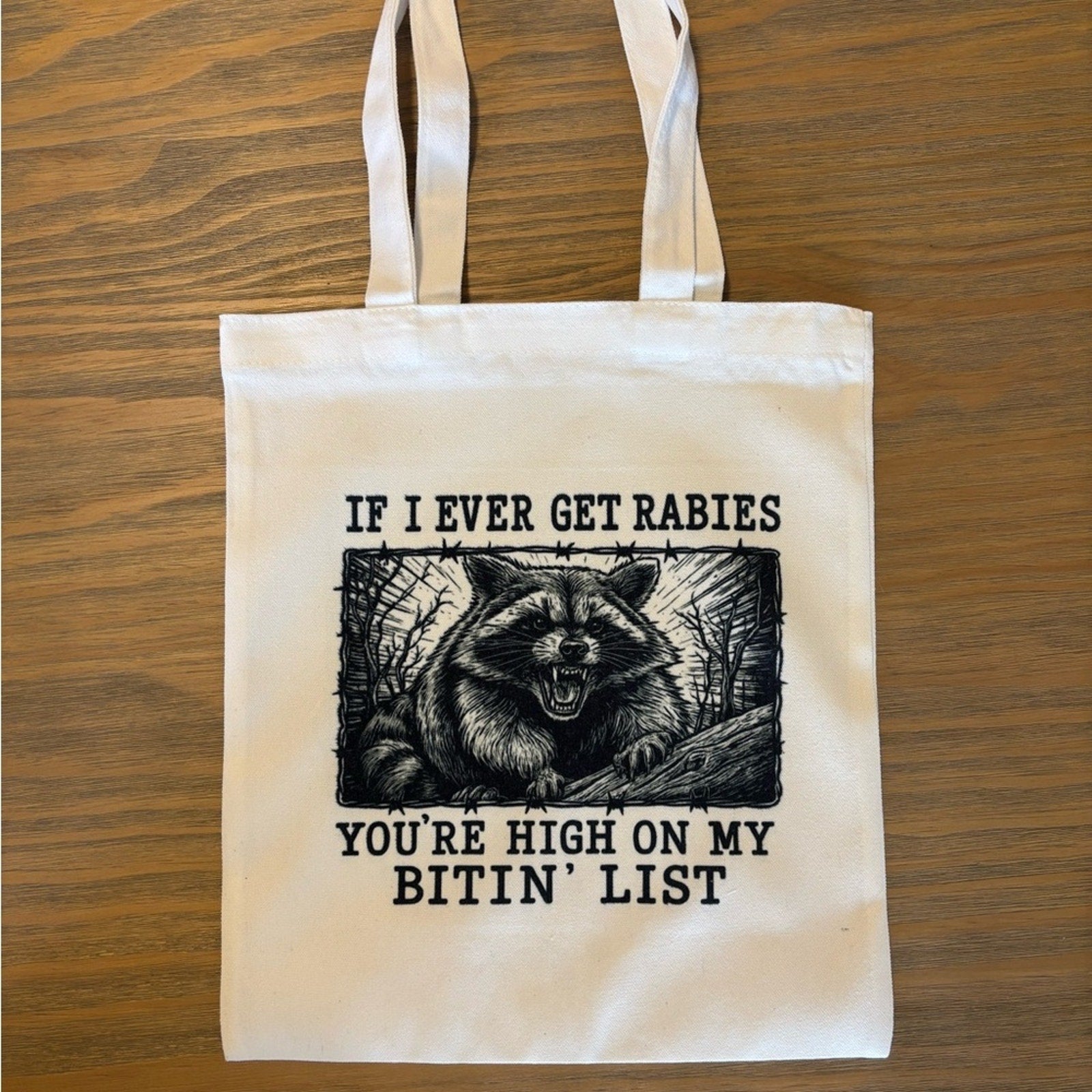 White Tote Bag with Raccoon Graphic