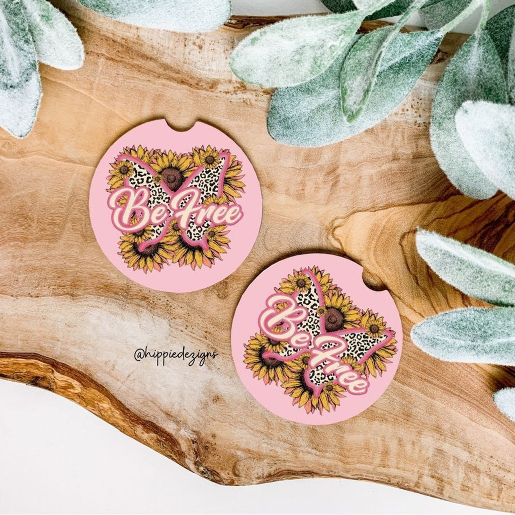 Retro Pink Sunflower Be Free Car Coasters 2 Pack