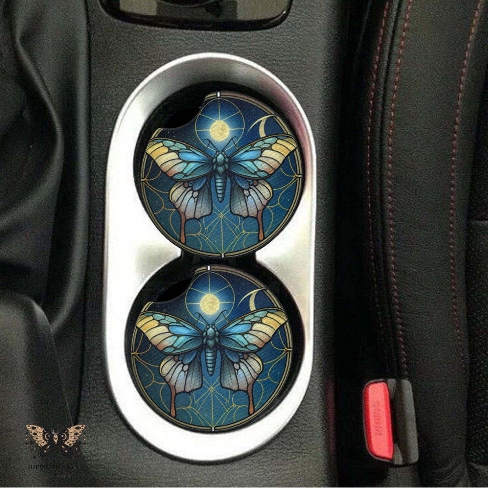 Stained Glass Moth Car Coaster Set | Car Accessories