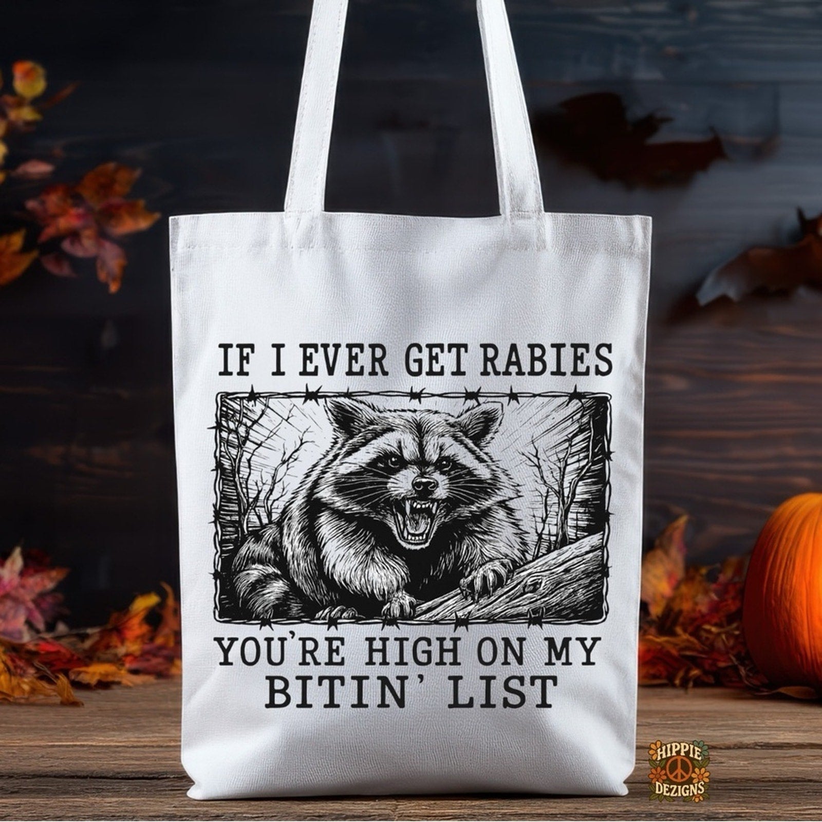 White Tote Bag with Raccoon Graphic