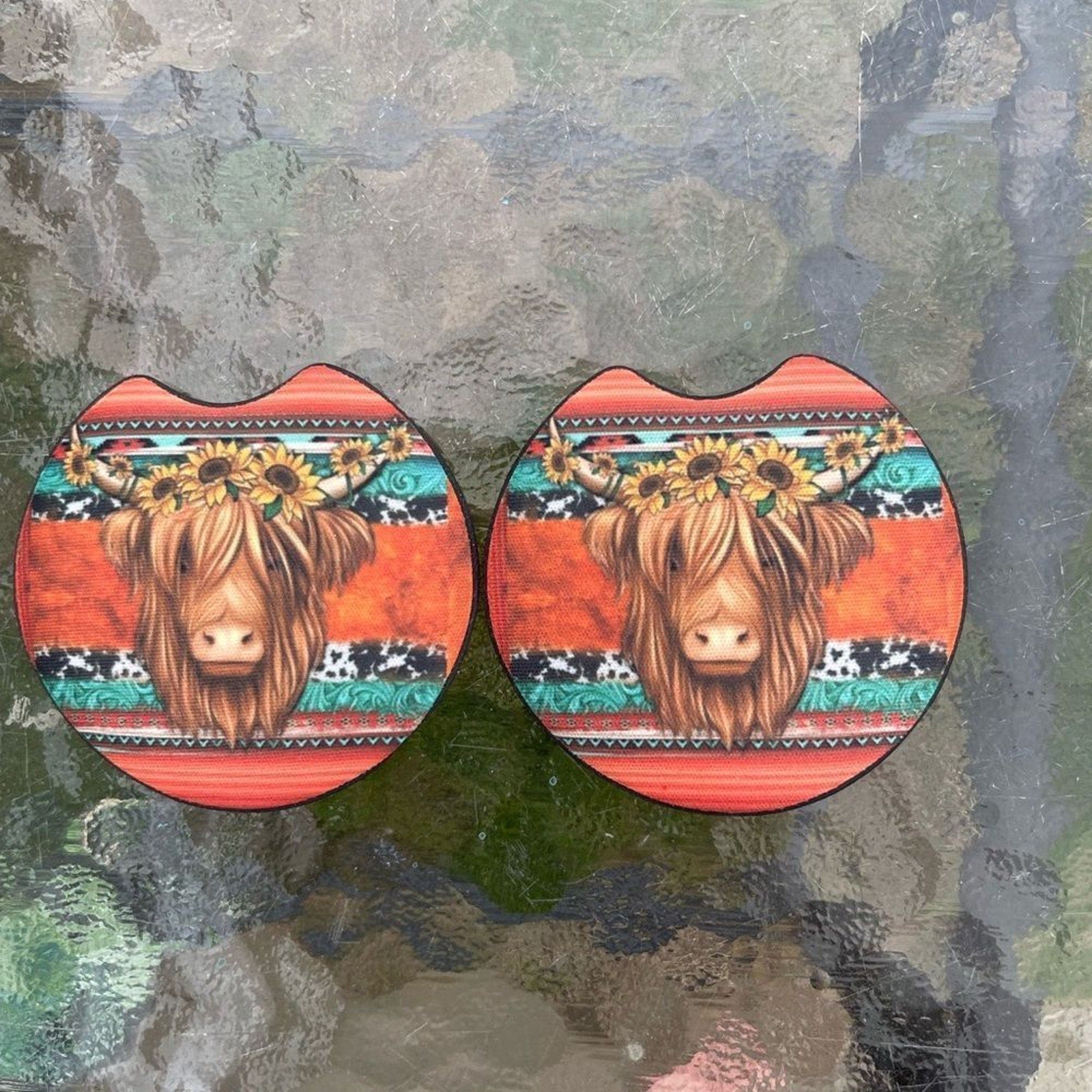 Highland Cow Car Coaster | Car Accessories | Cow Decor | Coaster Set
