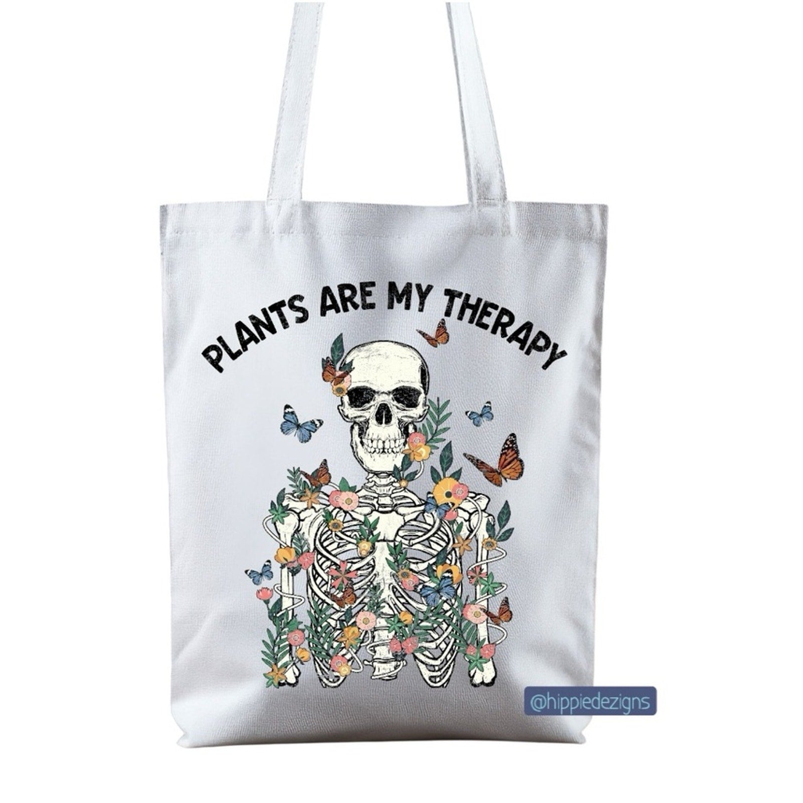 Plants Are My Therapy White Tote Bag with Skull and Floral Design