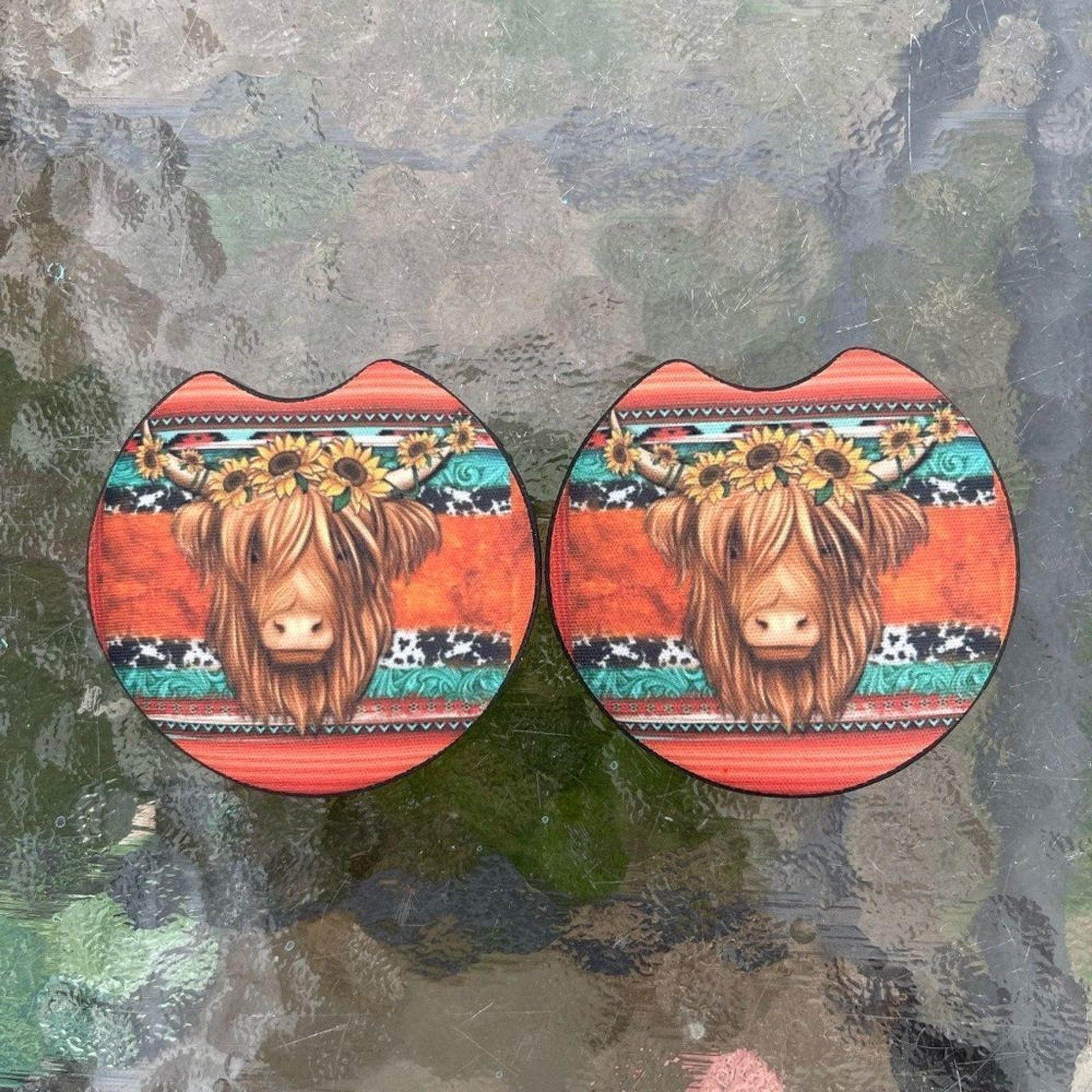 Highland Cow Car Coaster | Car Accessories | Cow Decor | Coaster Set