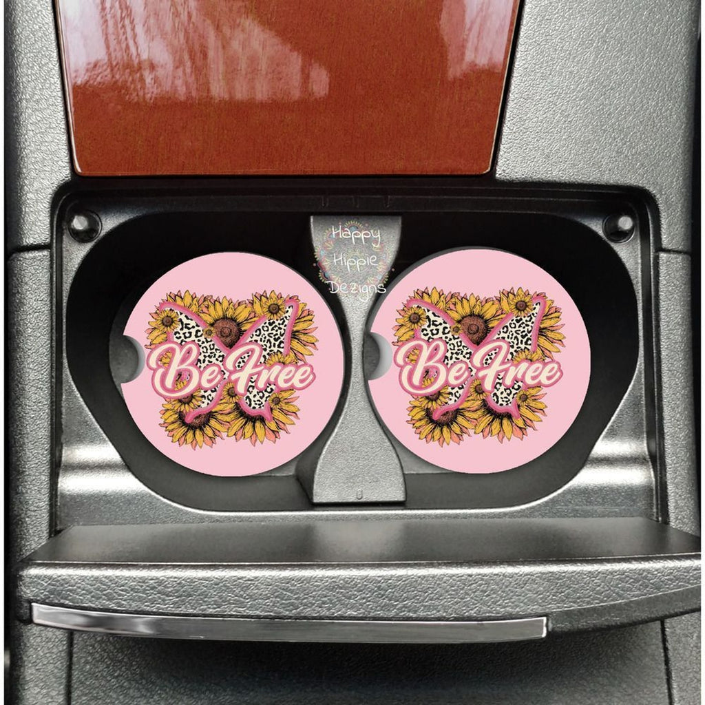 Retro Pink Sunflower Be Free Car Coasters 2 Pack