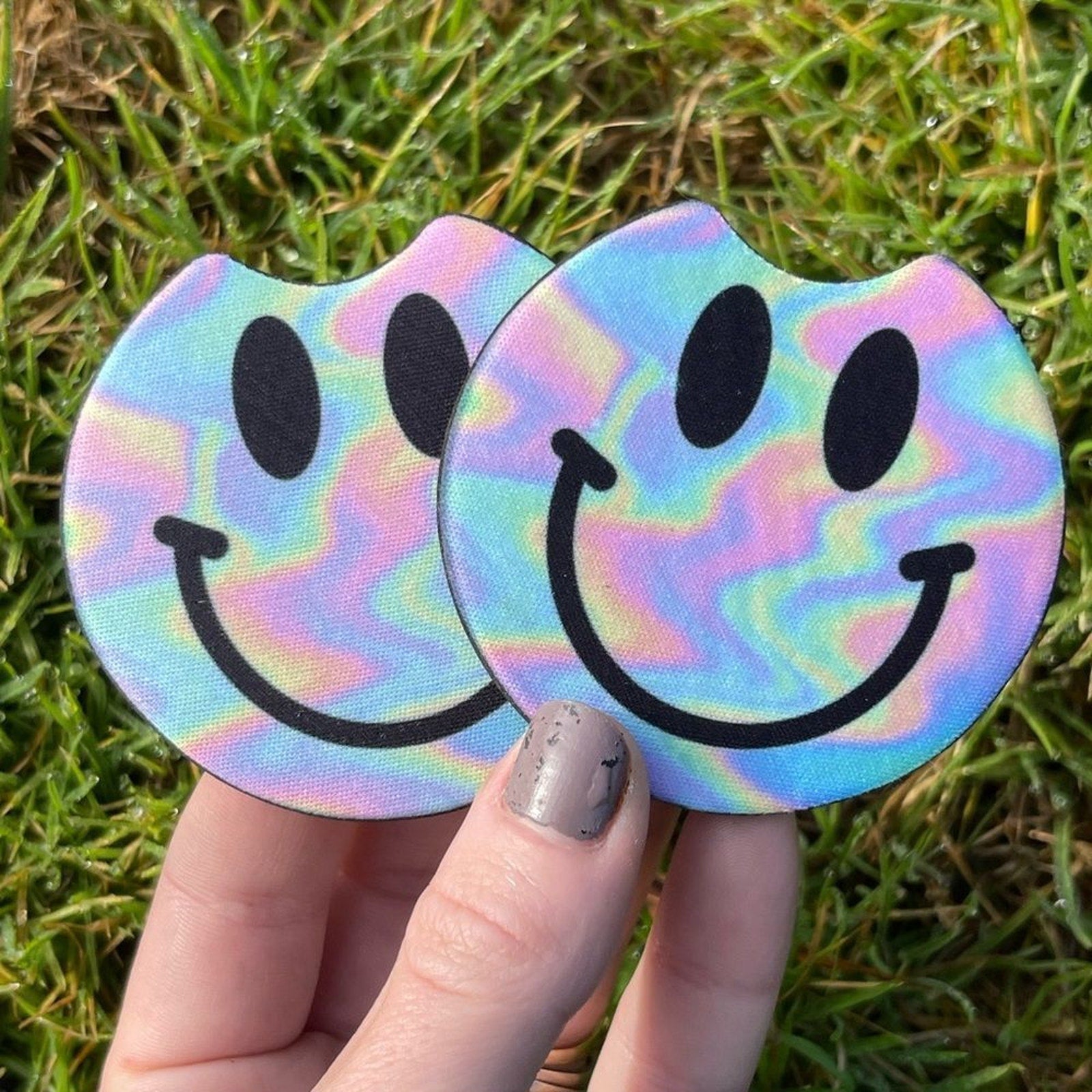 Rainbow Holographic Smiley Face Car Coaster Set | Car Access