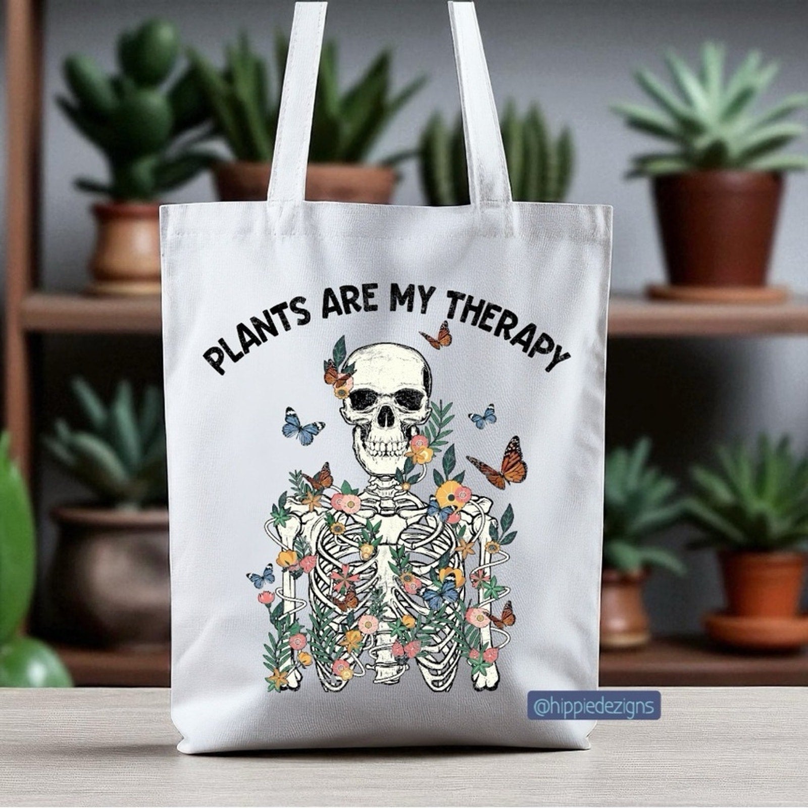 Plants Are My Therapy White Tote Bag with Skull and Floral Design