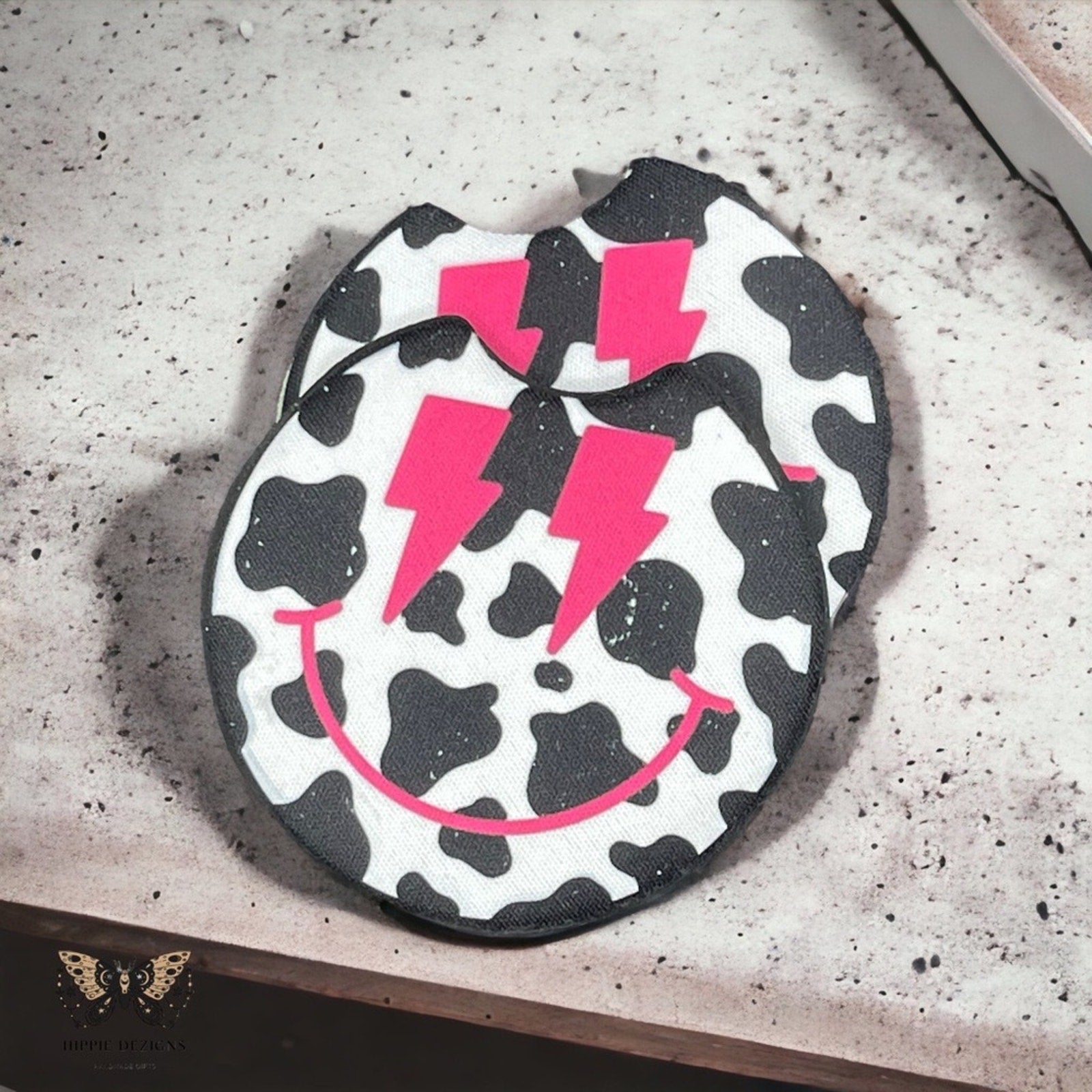 Cow Print Lightning Smiley🐮 Car Coaster 2 Pack