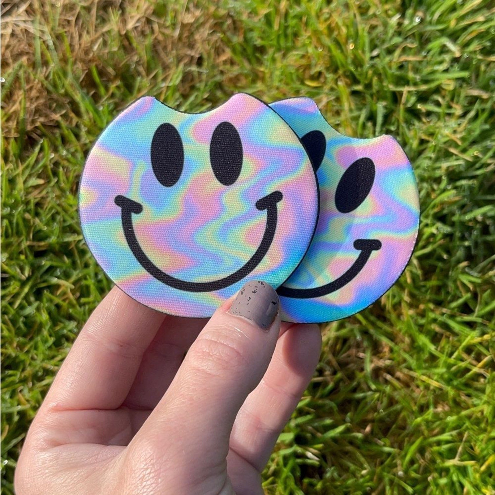 Rainbow Holographic Smiley Face Car Coaster Set | Car Access
