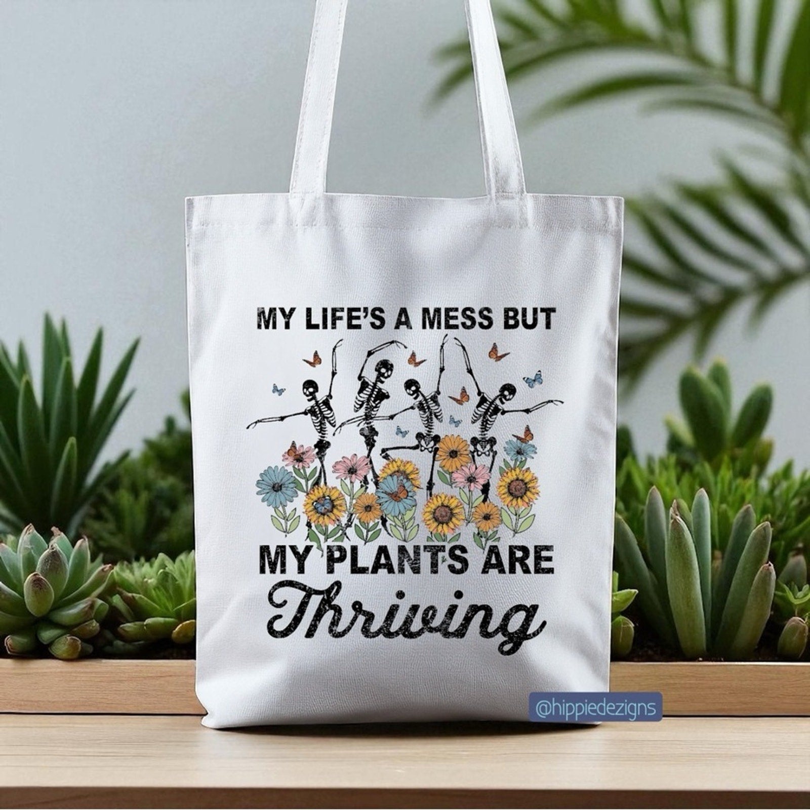 My Life’s A Mess Funny White Tote Bag with Floral Skeleton Print